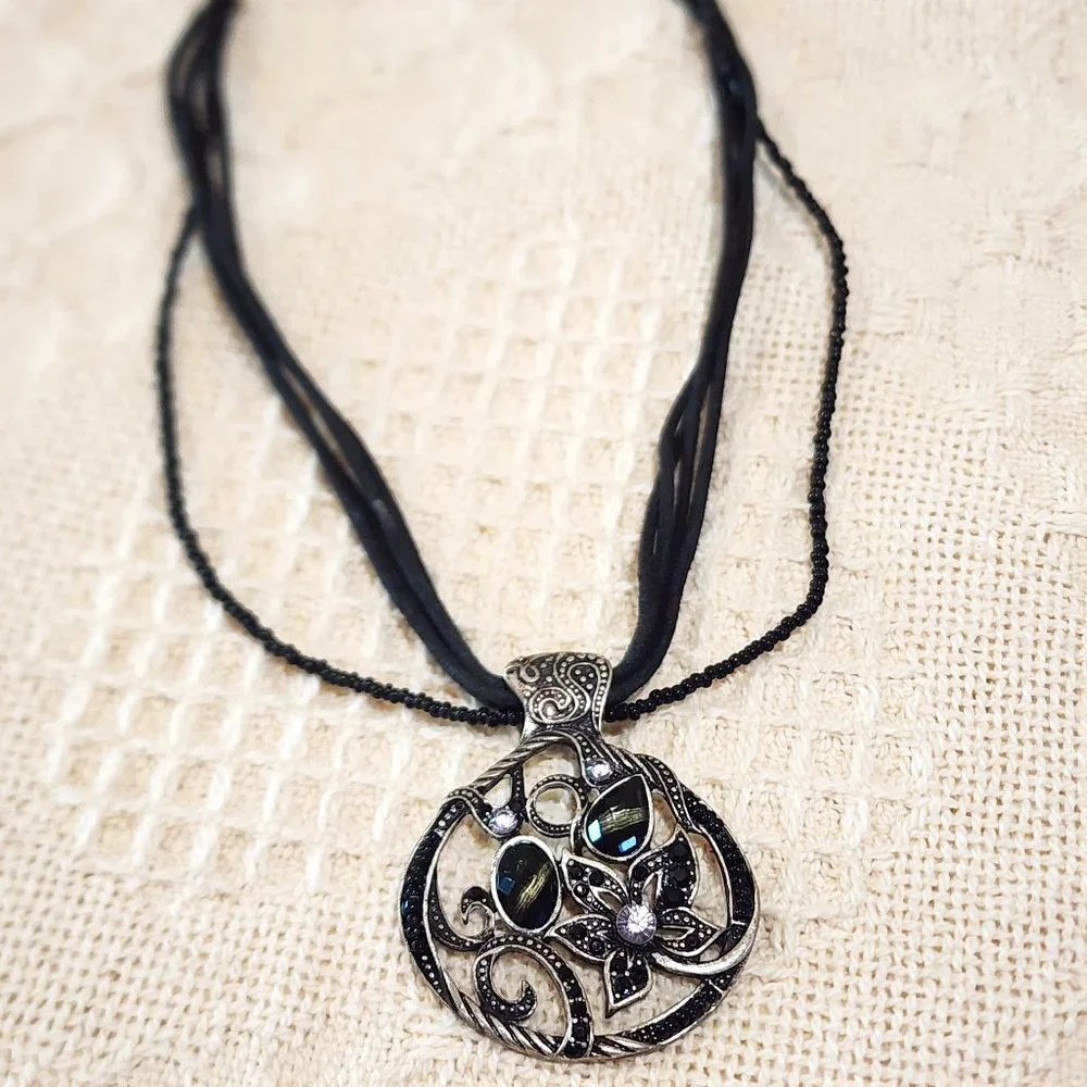 Contemporary Floral Rhinestone Medallion Silver Black Statement Necklace